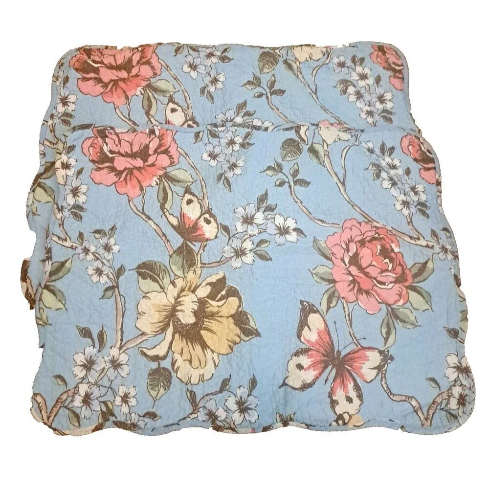 Quilted Pillow Shams Blue Pink Yellow Roses Butterfly Standard Cottage Country